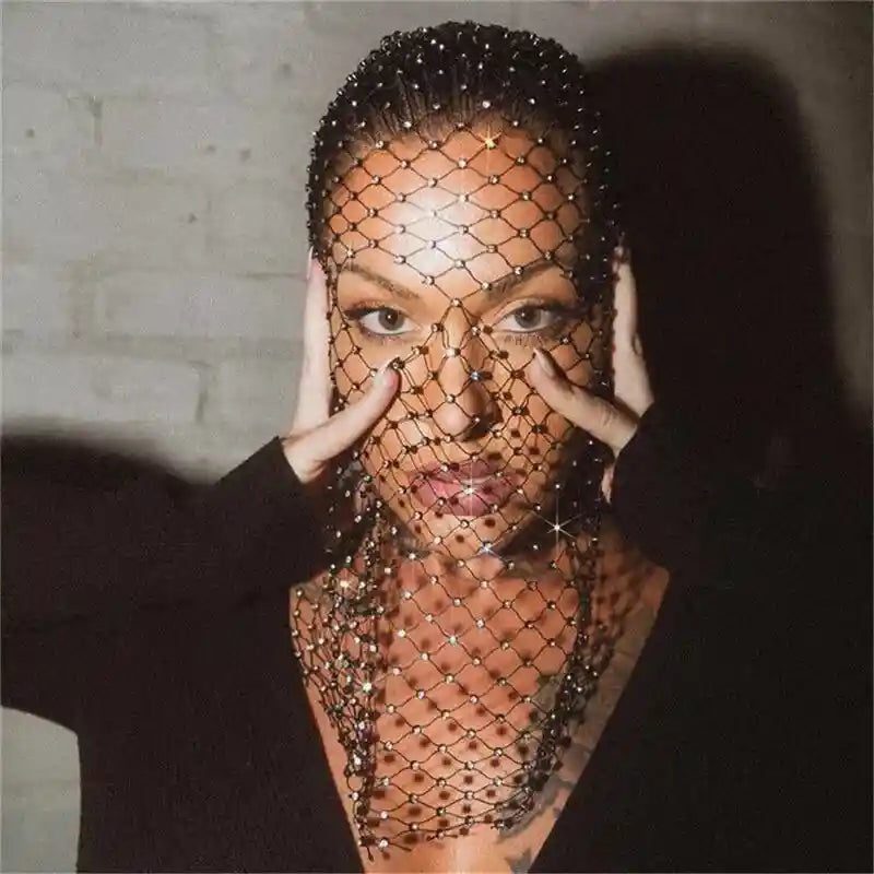 Elastic Balaclava Shiny Fishnet Rhinestone Turban