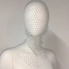 Elastic Balaclava Shiny Fishnet Rhinestone Turban White