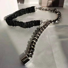Elastic Corset Type Silver Chain Belt - Black / 85x3.5 cm