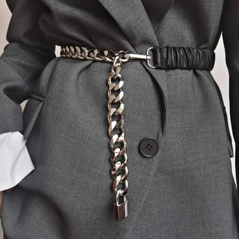 Elastic Corset Type Silver Chain Belt - Black / 85x3.5 cm