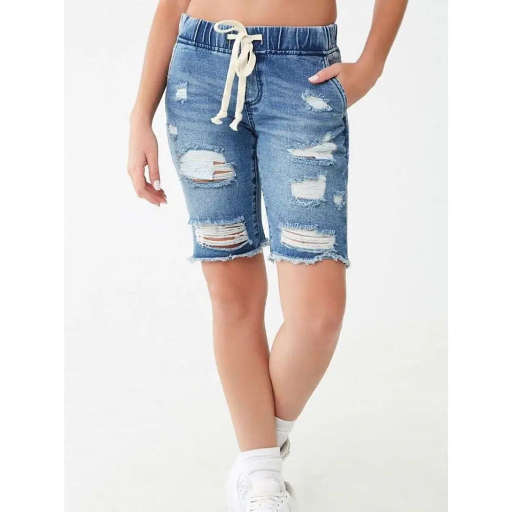 Elastic Ripped Pencil Denim Shorts - Short Pants