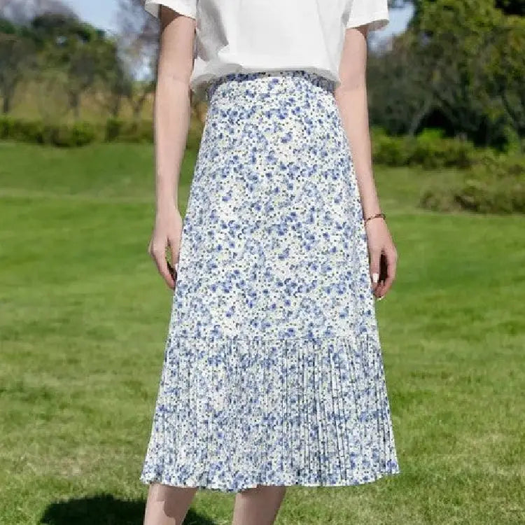 Elastic Waist A Line Floral Pleated Skirt