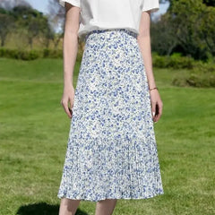 Elastic Waist A Line Floral Pleated Skirt