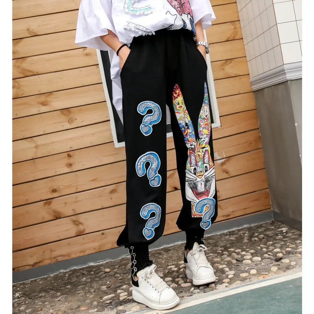 Elastic Waist Pants with Beautiful Decorative Chains Black