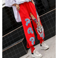 Elastic Waist Pants with Beautiful Decorative Chains Red