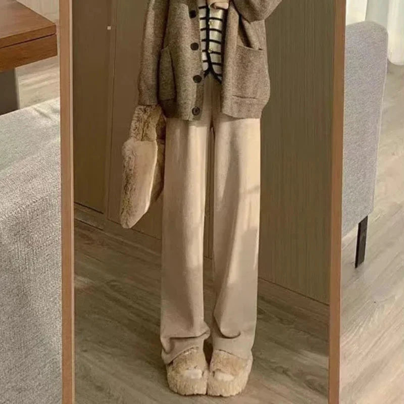 Elastic Waist Straight Long Wide Leg Sweatpants Khaki / M