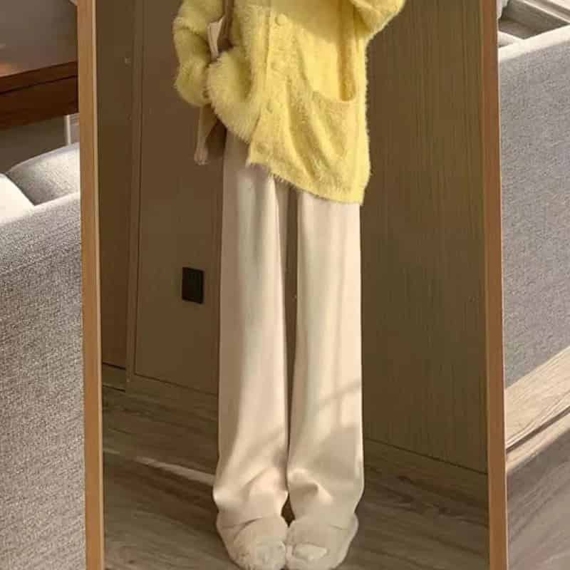 Elastic Waist Straight Long Wide Leg Sweatpants Oatmeal / M