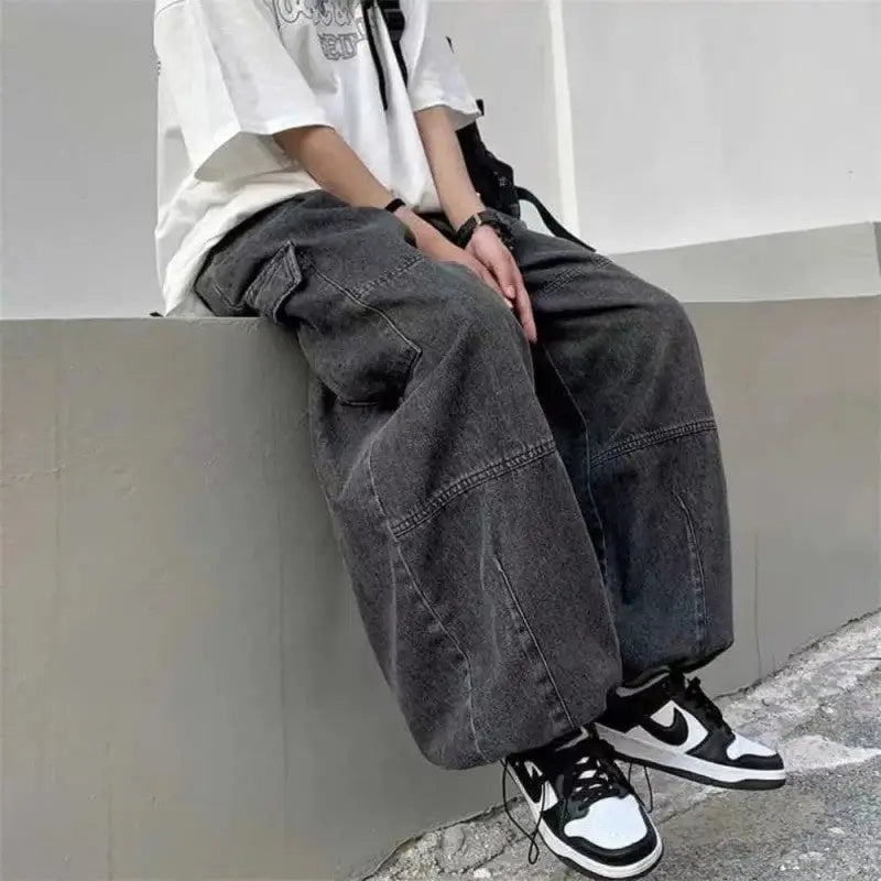Elastic Waist Wide leg Pockets Baggy Jeans - Grey / S