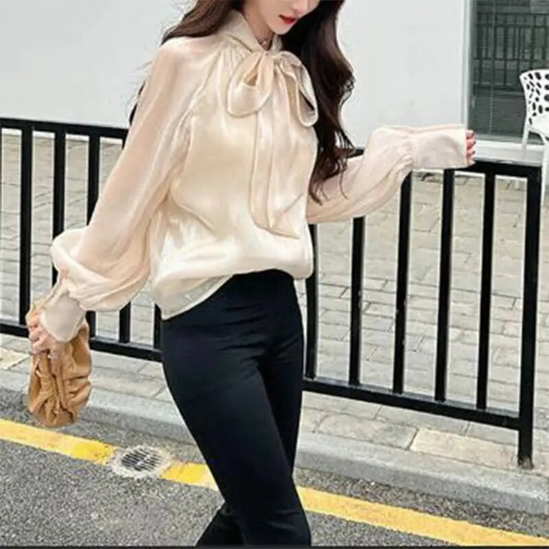Elegant Bow Long Sleeve Shiny Shirt