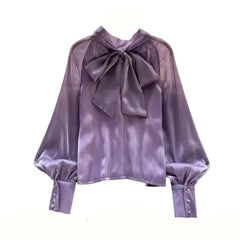 Elegant Bow Long Sleeve Shiny Shirt - Purple / S