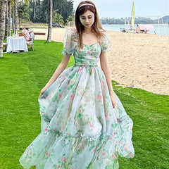 Elegant Floral Midi Puff Sleeve Dress