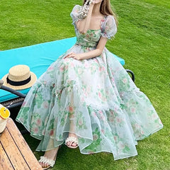 Elegant Floral Midi Puff Sleeve Dress