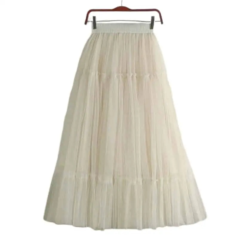 Elegant High Waist Pleated Tutu Tulle Long Skirt - Apricot