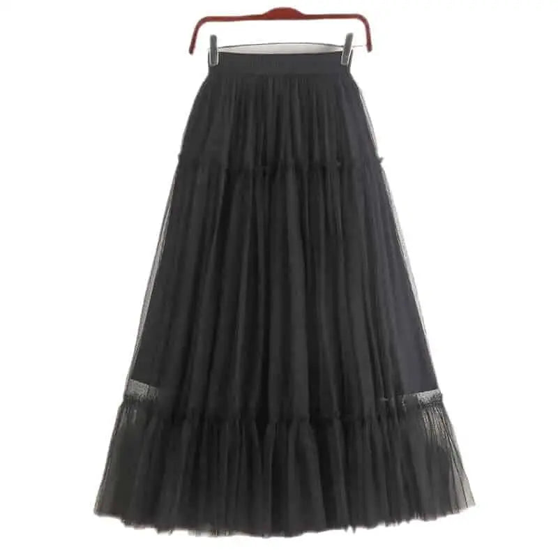 Elegant High Waist Pleated Tutu Tulle Long Skirt - Black