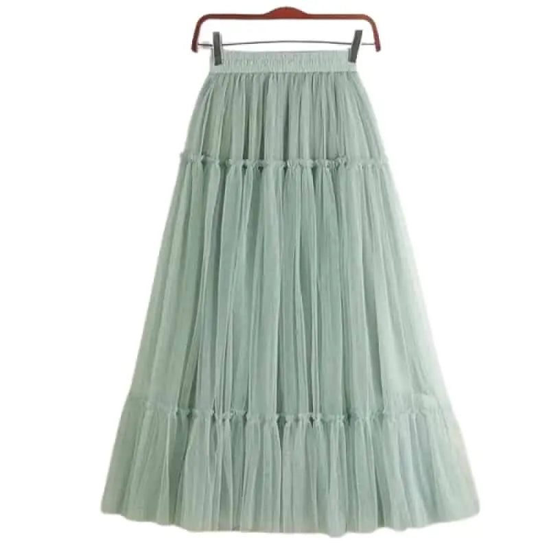 Elegant High Waist Pleated Tutu Tulle Long Skirt - Green
