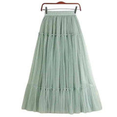Elegant High Waist Pleated Tutu Tulle Long Skirt - Green