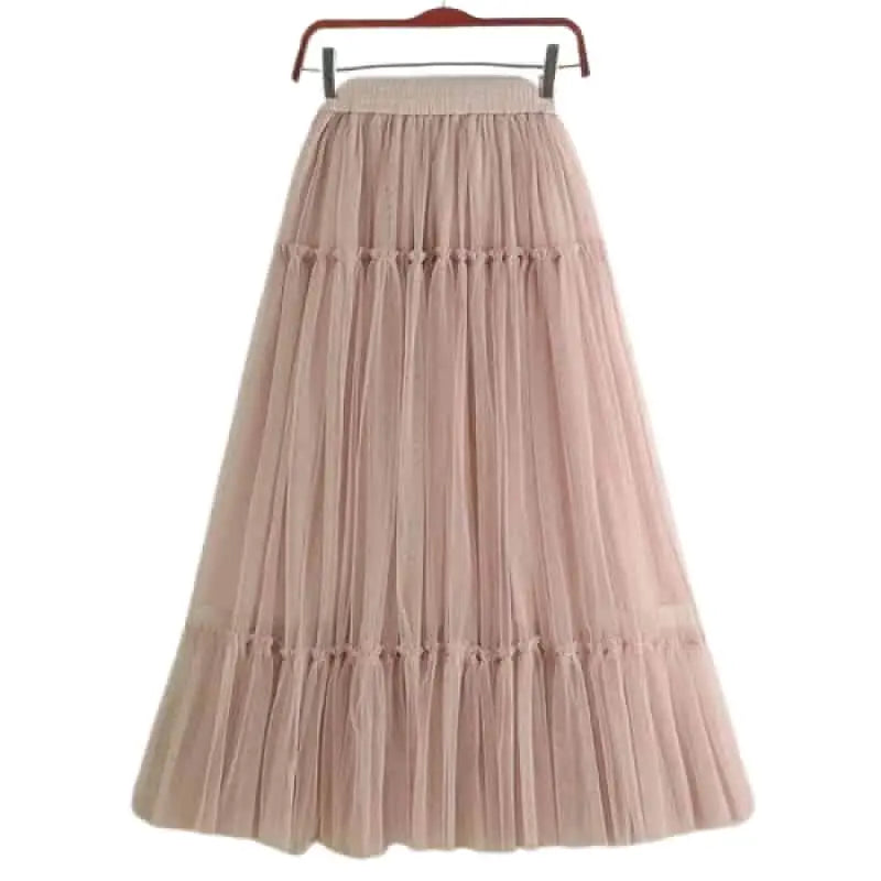 Elegant High Waist Pleated Tutu Tulle Long Skirt - Pink