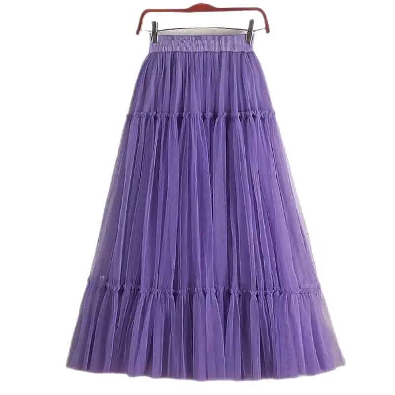 Elegant High Waist Pleated Tutu Tulle Long Skirt - Purple