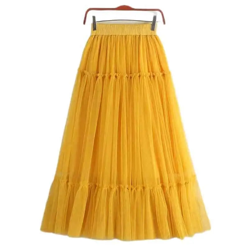 Elegant High Waist Pleated Tutu Tulle Long Skirt - Yellow