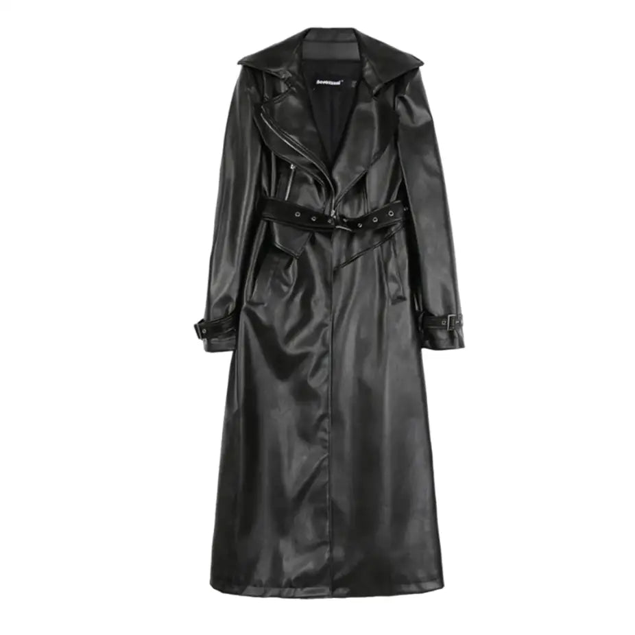 Elegant Long Sleeve PU Leather Trench Coat - Black / S