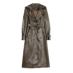 Elegant Long Sleeve PU Leather Trench Coat - Brown / S