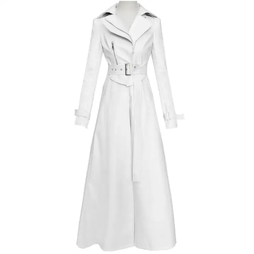 Elegant Long Sleeve PU Leather Trench Coat - White / S
