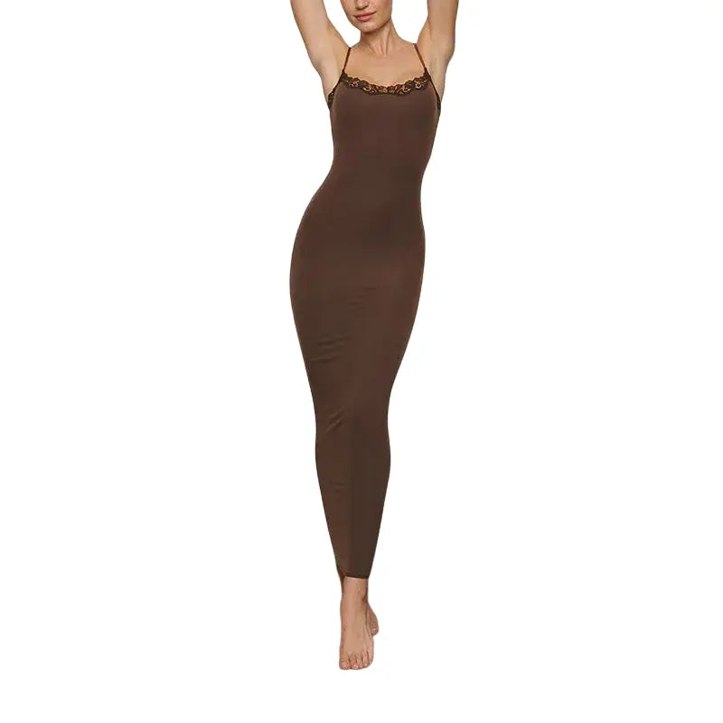 Elegant Pink Lace Maxi Dress with Spaghetti Straps Brown / S