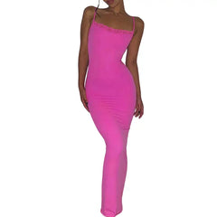 Elegant Pink Lace Maxi Dress with Spaghetti Straps Fuchsia