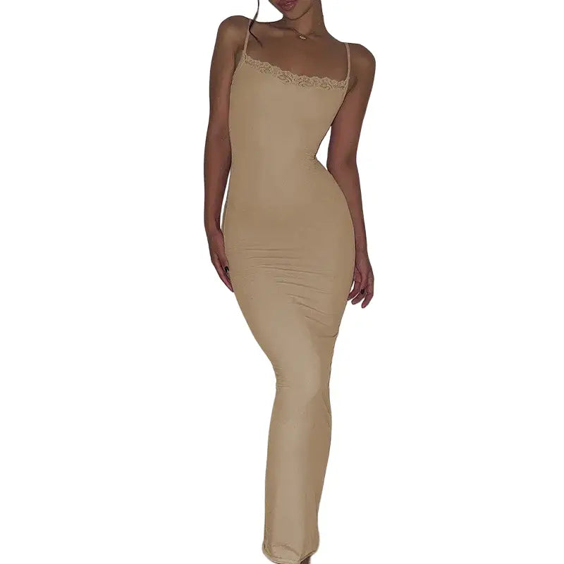 Elegant Pink Lace Maxi Dress with Spaghetti Straps Khaki / S