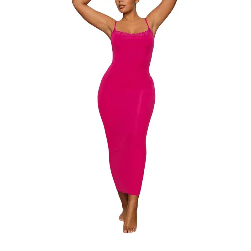 Elegant Pink Lace Maxi Dress with Spaghetti Straps Rose Red