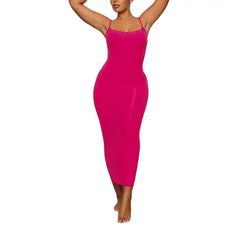 Elegant Pink Lace Maxi Dress with Spaghetti Straps Rose Red