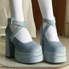 Elegant Round Toe High Heel Ankle Strap Shoes