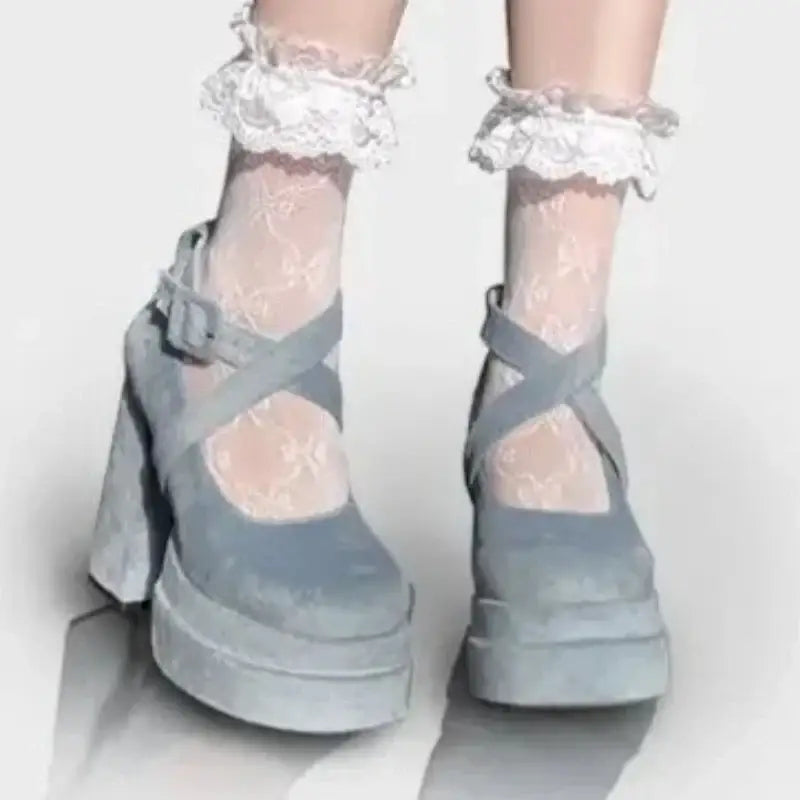 Elegant Round Toe High Heel Ankle Strap Shoes - Light Blue