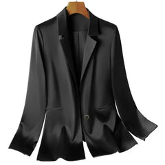 Elegant Satin Luxury Black Silk Office Blazer - S