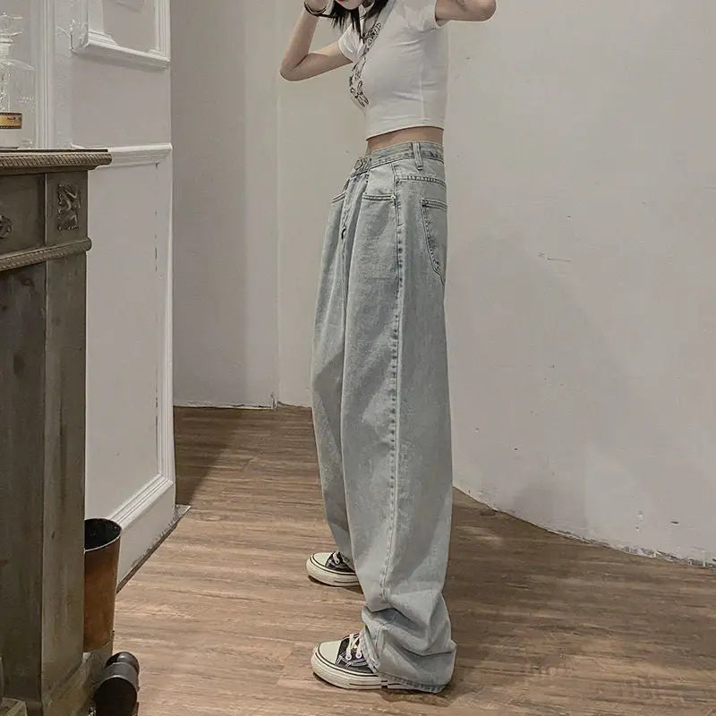 Elegant Straight Tube Loose Mop High Waist Jeans - Pants