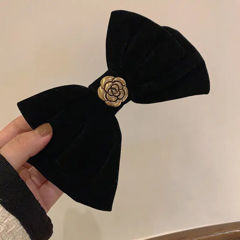 Elegant Velvet Bow Hair Pins - Black Gold Rose - Accesories