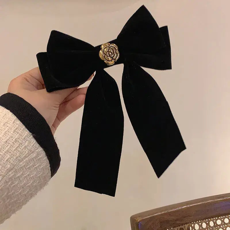 Elegant Velvet Bow Hair Pins - Black Long - Accesories