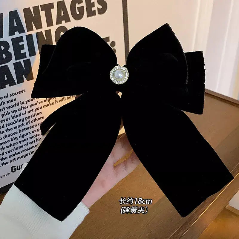 Elegant Velvet Bow Hair Pins - Black Long Pearl - Accesories