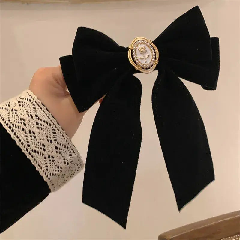 Elegant Velvet Bow Hair Pins - Black White Rose - Accesories
