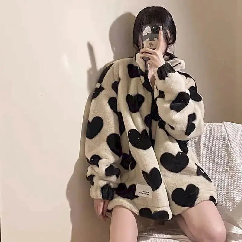 Elegant White Heart Long Faux Fur Coat