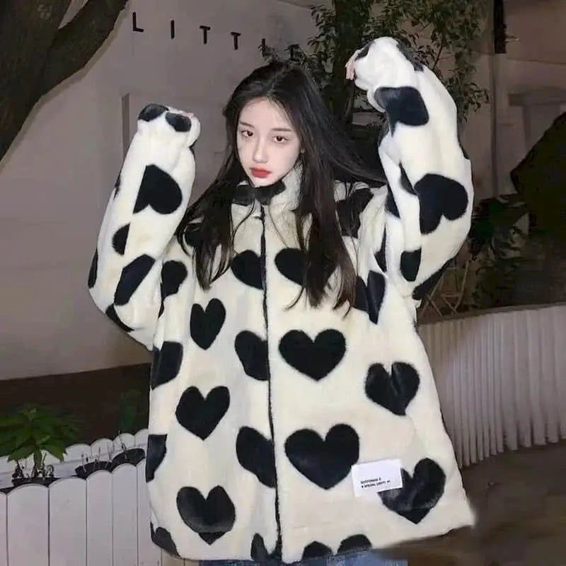 Elegant White Heart Long Faux Fur Coat