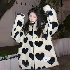 Elegant White Heart Long Faux Fur Coat