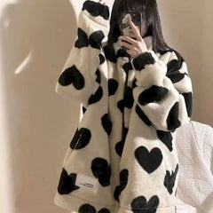 Elegant White Heart Long Faux Fur Coat