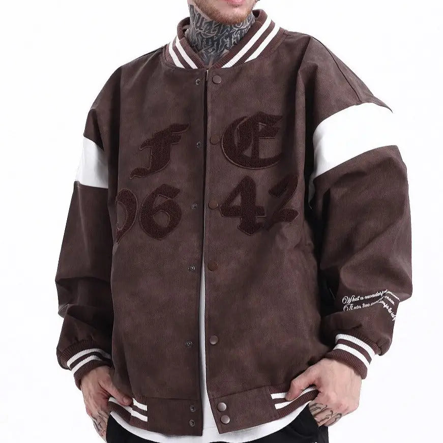 Embroidered Baseball V-Neck Jacket - Jackets