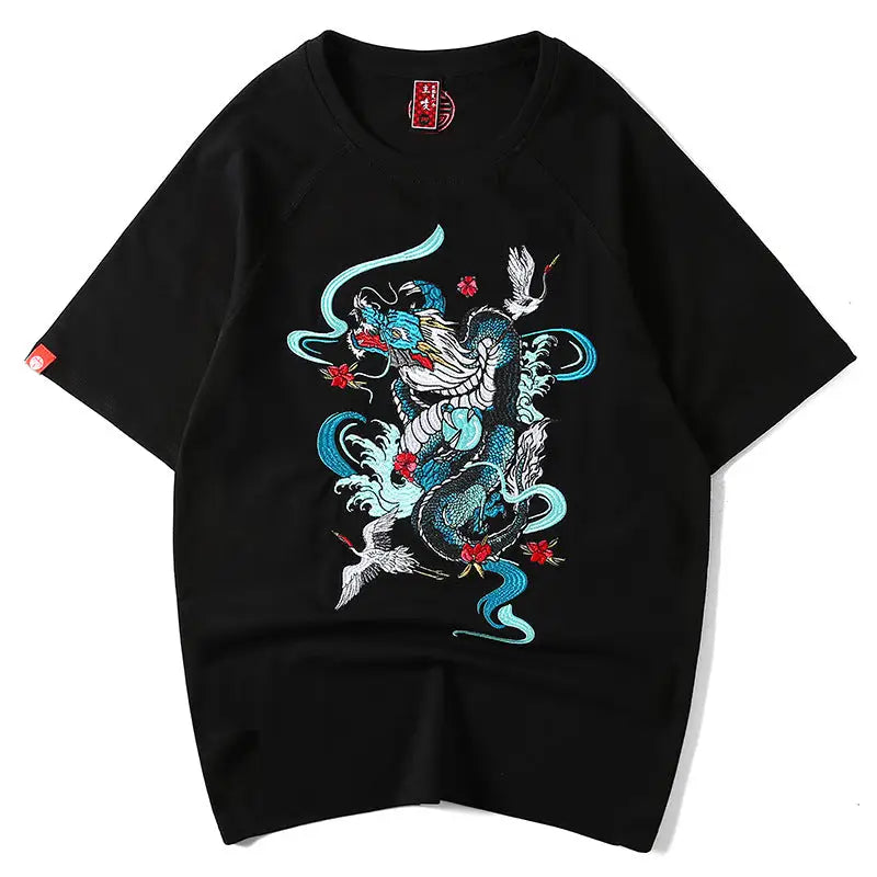 Embroidered Dragon T Shirt Chinese Style Loose Fit