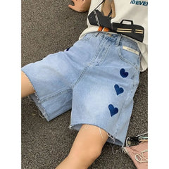 Embroidered Heart Knee Length Denim Pants