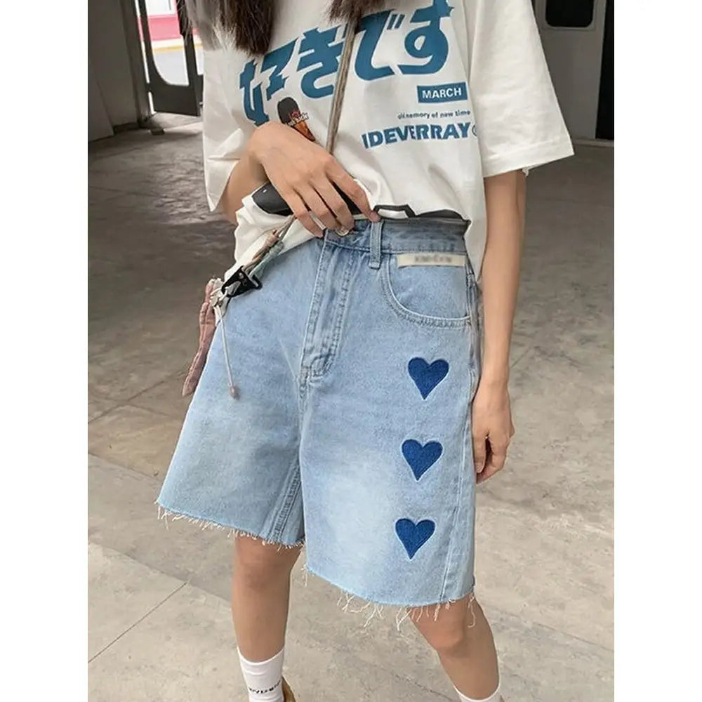 Embroidered Heart Knee Length Denim Pants