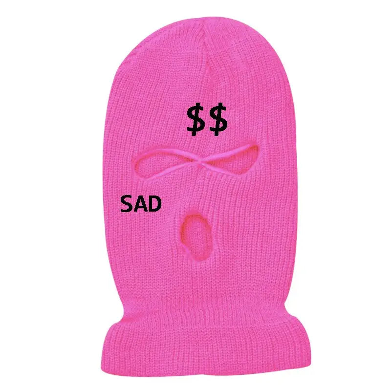 Embroidered knit Balaclava - Embroidery-Pink / One Size