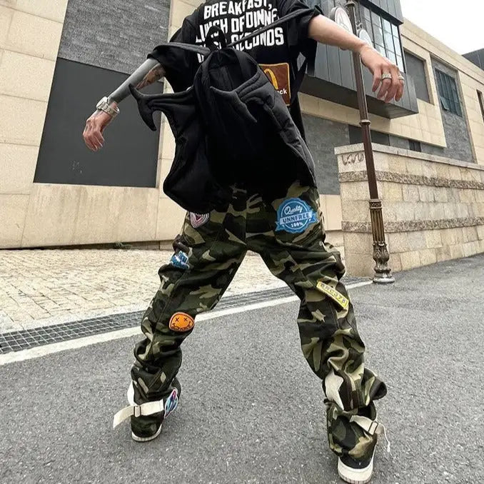 Embroidered Military Camouflage Pants With Multiple Pockets