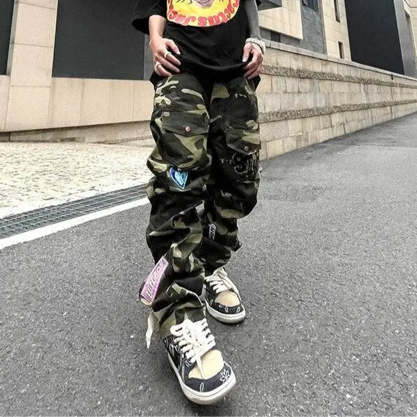 Embroidered Military Camouflage Pants With Multiple Pockets